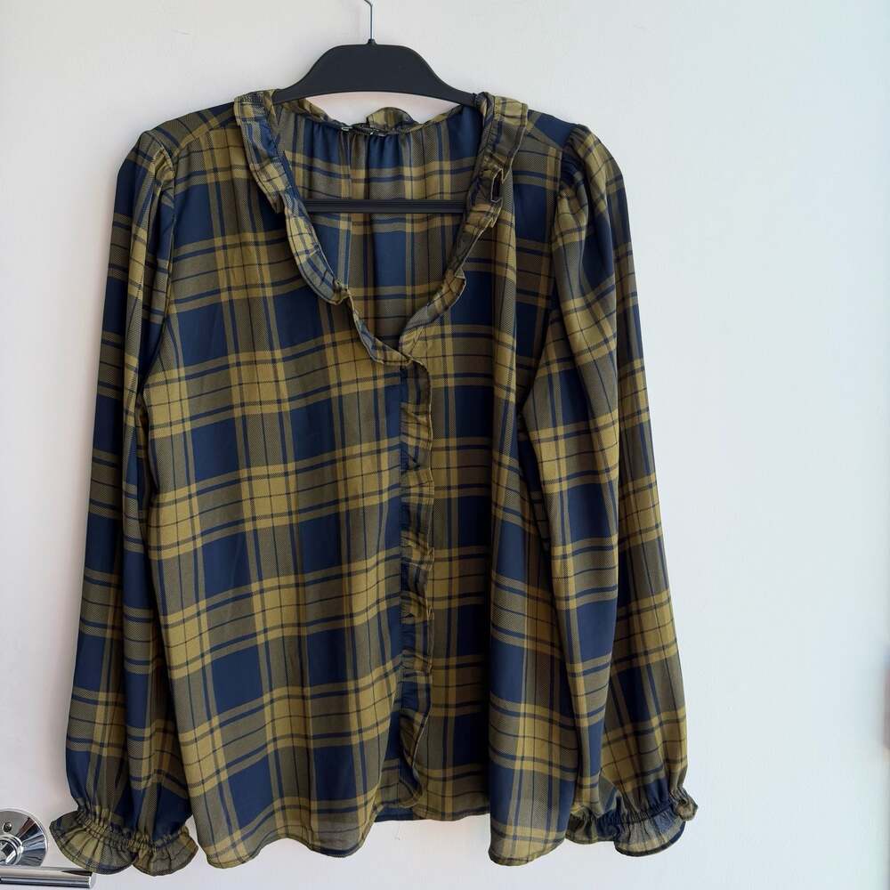 Ann Taylor Factory Plaid Ruffle Neck Blouse Size L